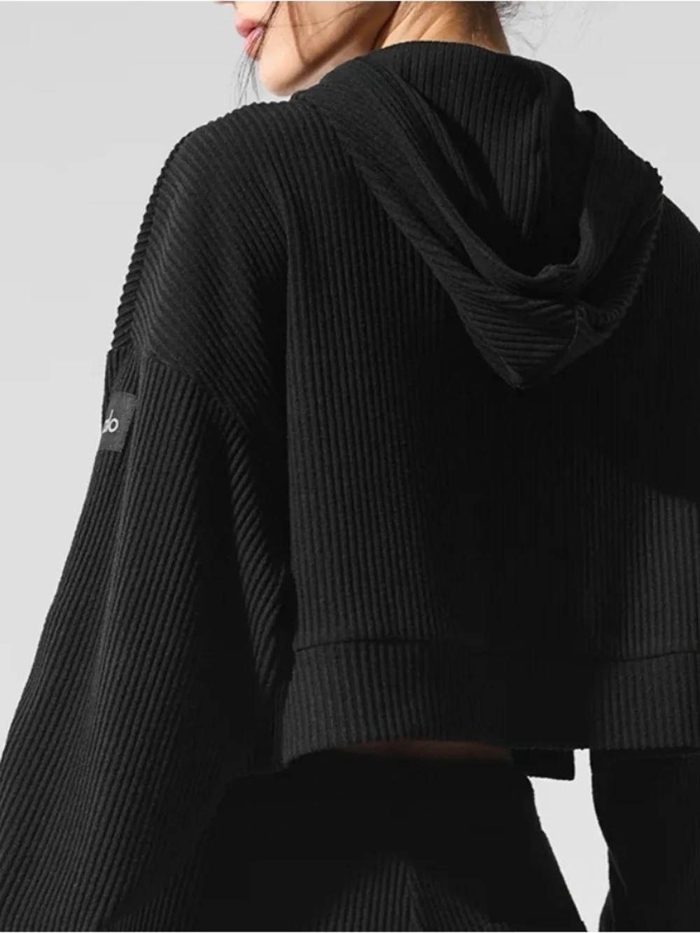 ALO Yoga Black Cropped Ribbed Hoodie.Size small